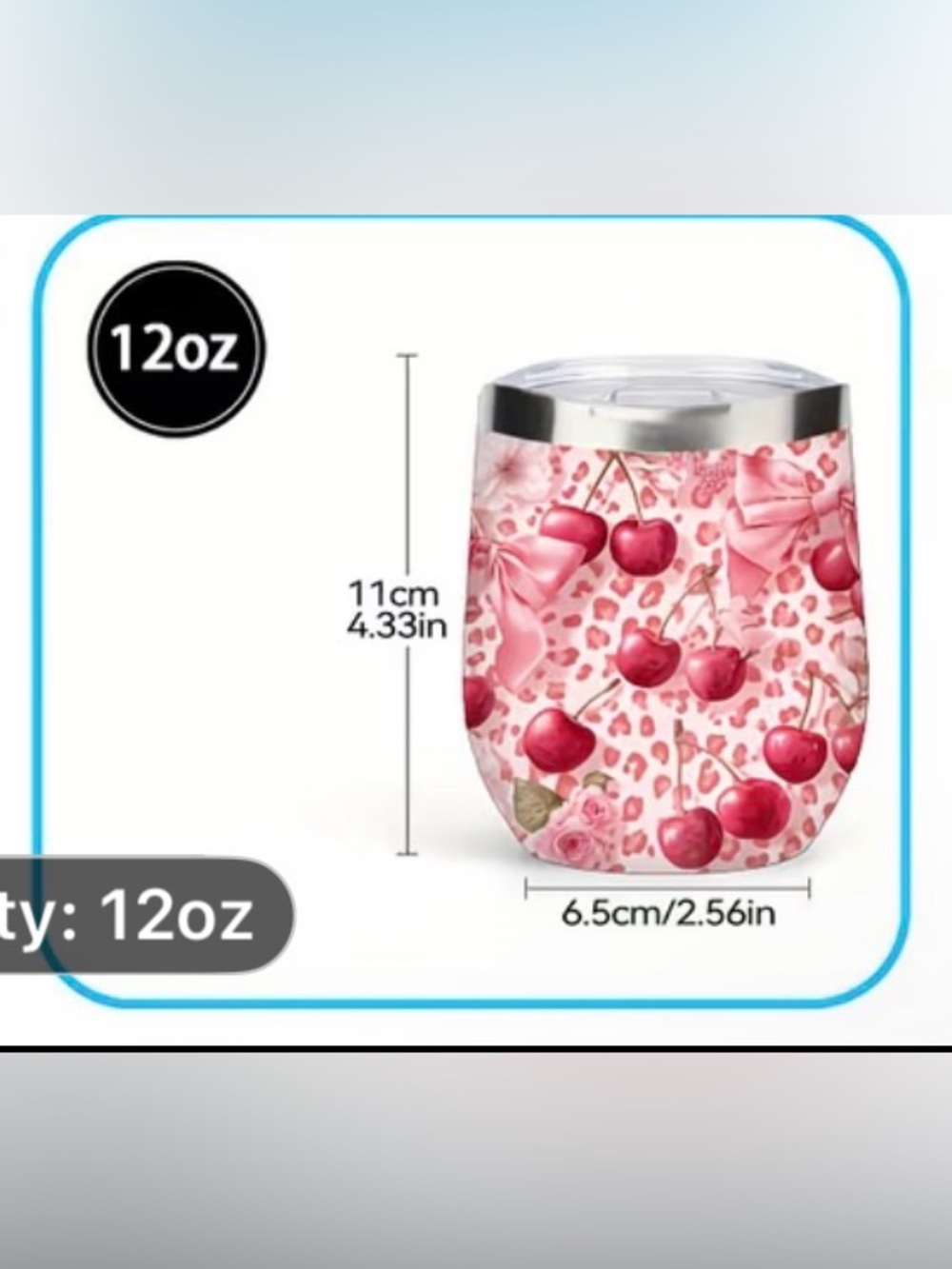 Pink Cherry Print 12oz Tumbler - - Picture 3 of 3